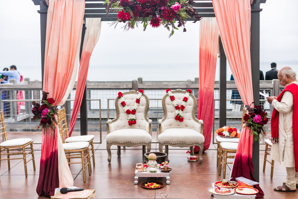 Indian wedding mandap with modern and traditional elements for an indian wedding set in front of the ocean in Monterey