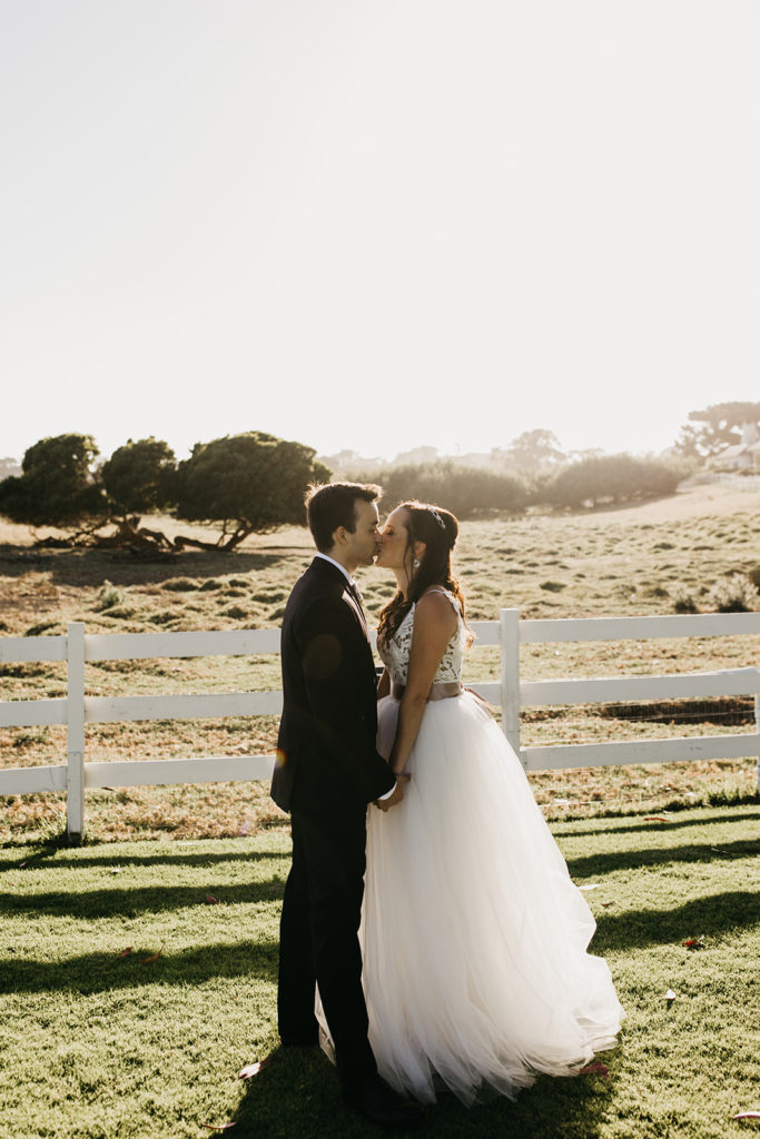 Couple kissing in front of field of sheep at Mission Ranch