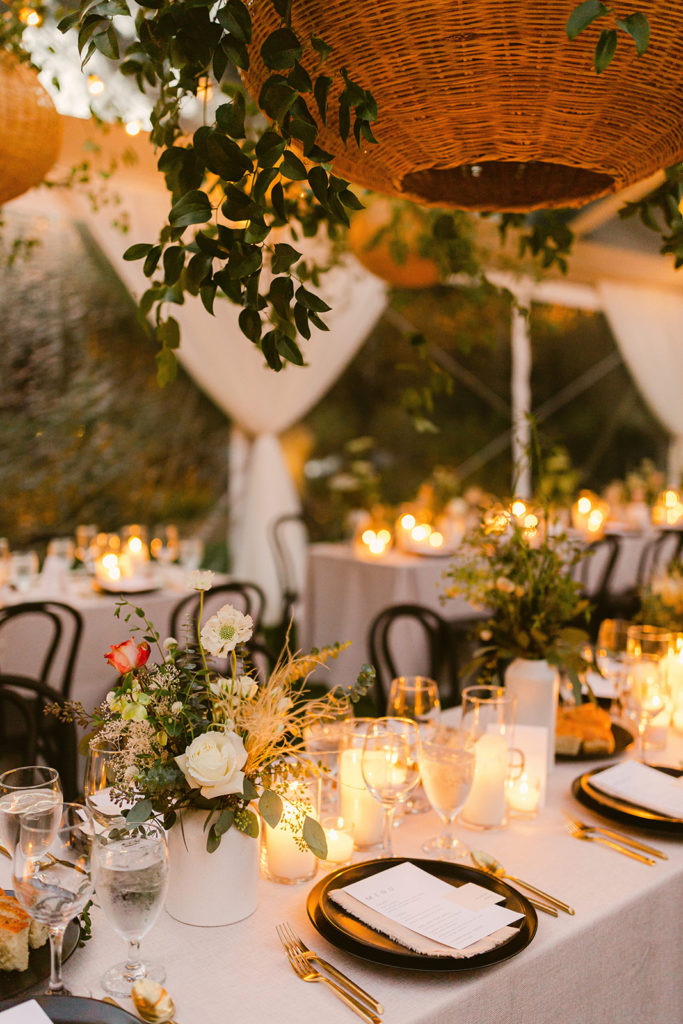 Candlelit Reception with Hanging Lanterns and Greenery